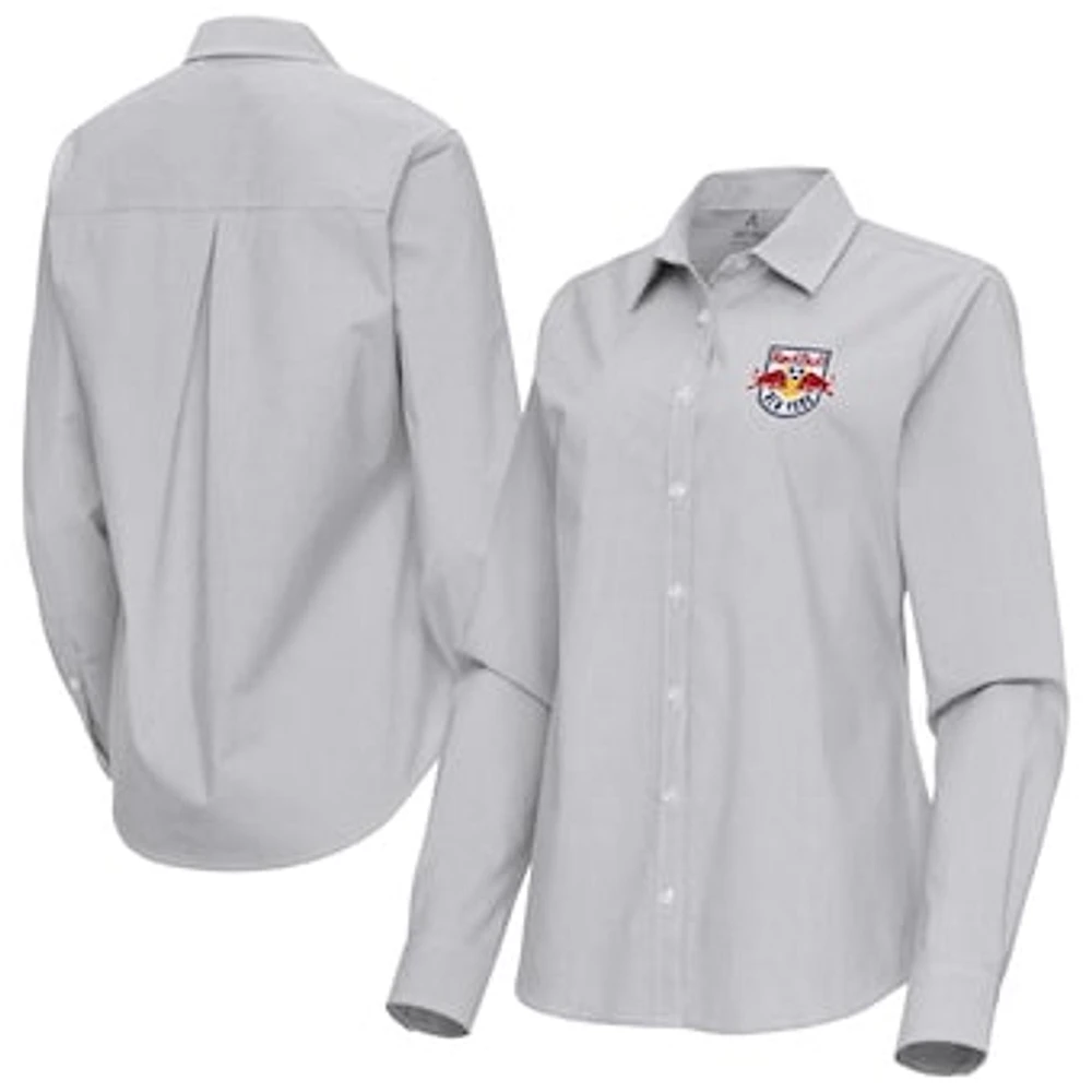 Women's Antigua Gray New York Red Bulls Porter Woven Tri-Blend Long Sleeve Button-Up Shirt