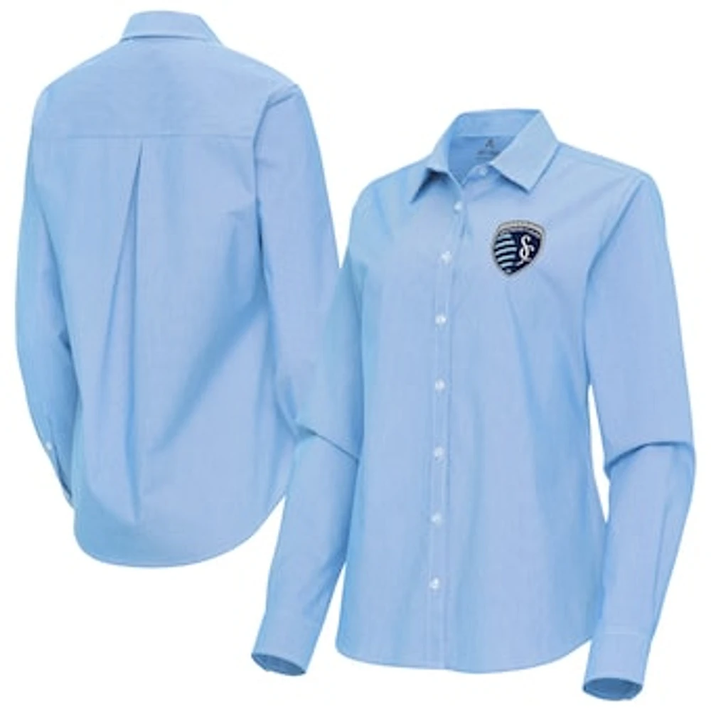 Women's Antigua Sky Blue Sporting Kansas City Porter Woven Tri-Blend Long Sleeve Button-Up Shirt