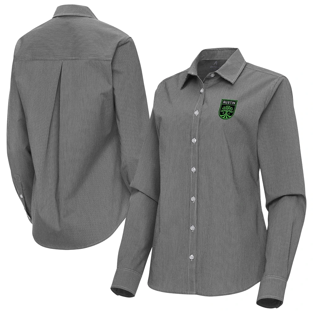 Women's Antigua Black Austin FC Porter Woven Tri-Blend Long Sleeve Button-Up Shirt