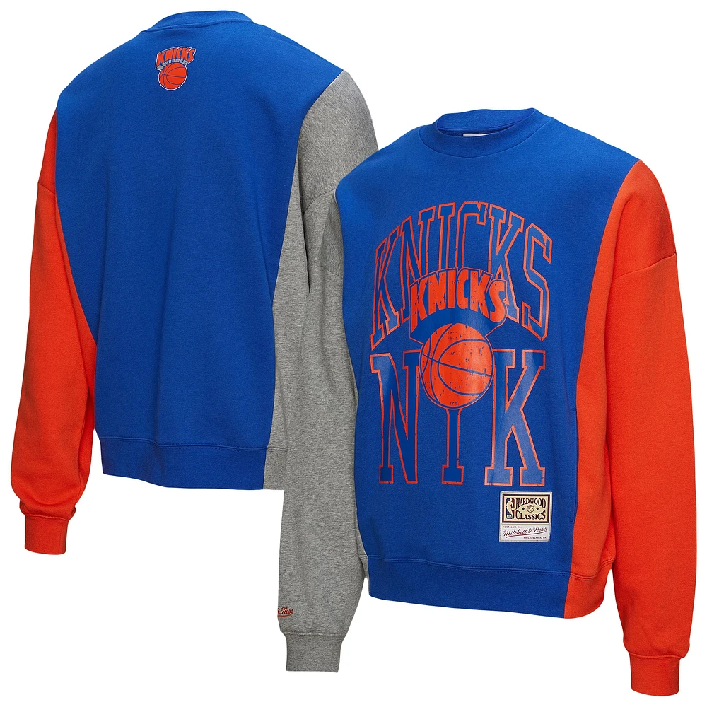 Unisex Mitchell & Ness Blue New York Knicks Hardwood Classics Split 3 Pullover Sweatshirt