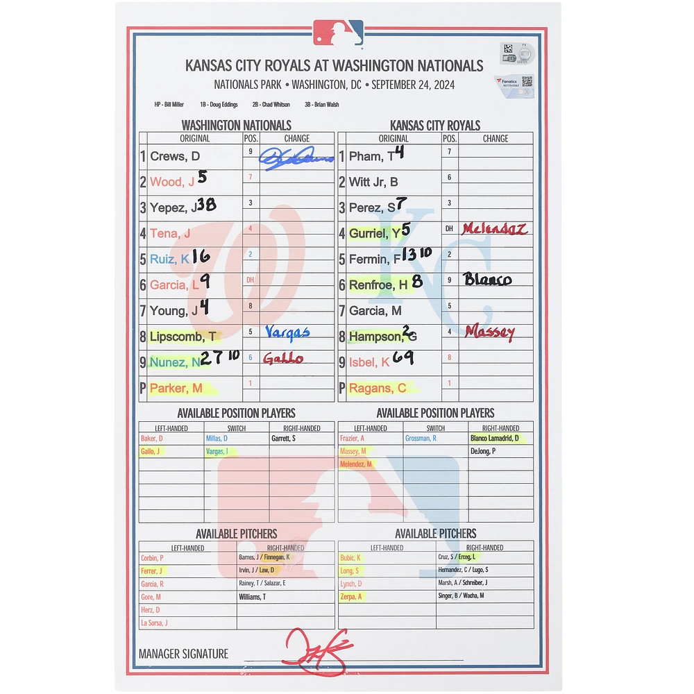 Dylan Crews Washington Nationals Autographed Game-Used Lineup Card vs. Kansas City Royals on September 24, 2024
