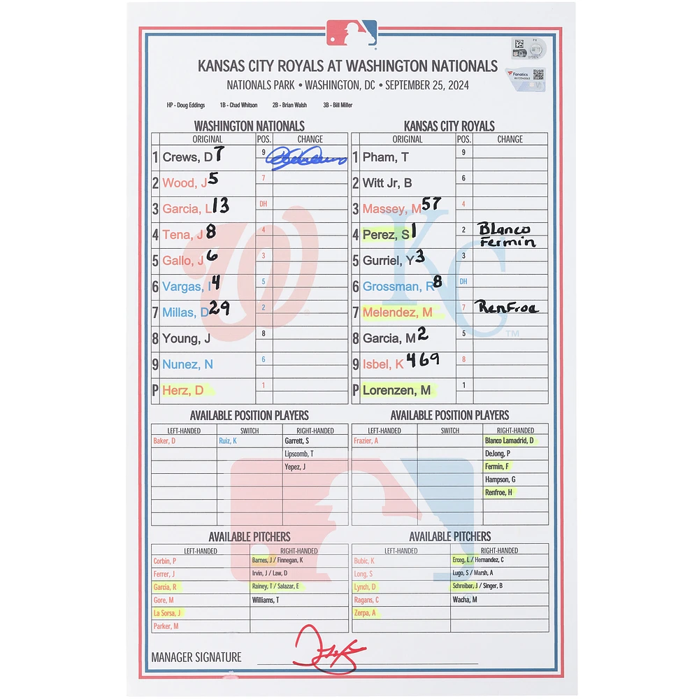 Dylan Crews Washington Nationals Autographed Game-Used Lineup Card vs. Kansas City Royals on September 25, 2024