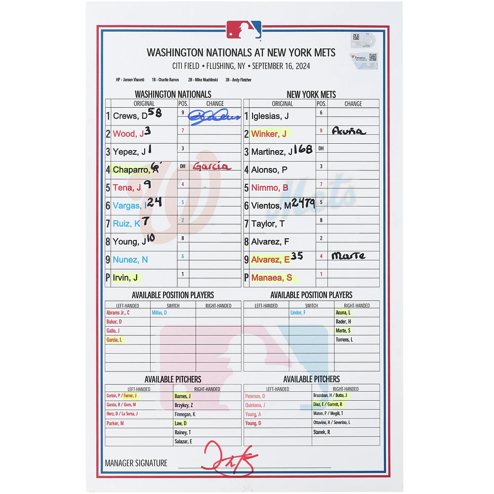 Dylan Crews Washington Nationals Autographed Game-Used Lineup Card vs. New York Mets on September 16, 2024