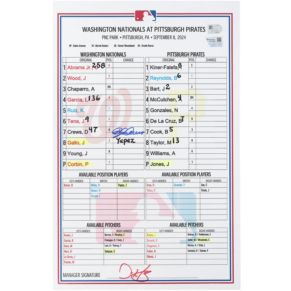 Dylan Crews Washington Nationals Autographed Game-Used Lineup Card vs. Pittsburgh Pirates on September 8, 2024