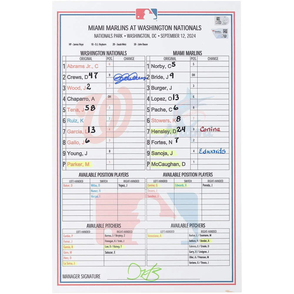 Dylan Crews Washington Nationals Autographed Game-Used Lineup Card vs. Miami Marlins on September 12, 2024