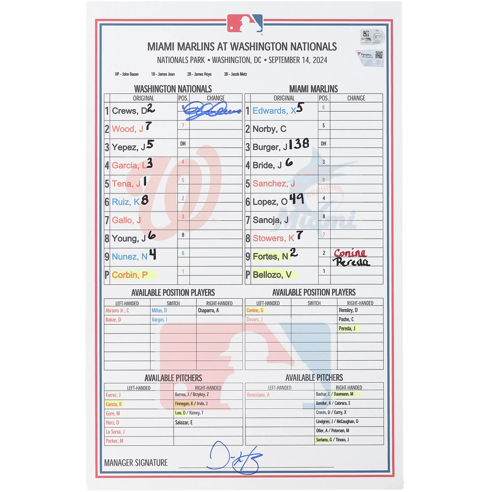 Dylan Crews Washington Nationals Autographed Game-Used Lineup Card vs. Miami Marlins on September 14, 2024