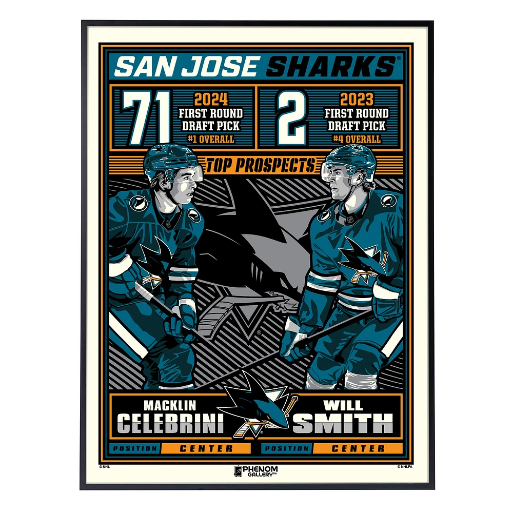 Phenom Gallery Macklin Celebrini & Will Smith San Jose Sharks 18" x 24" Deluxe Framed Serigraph Print