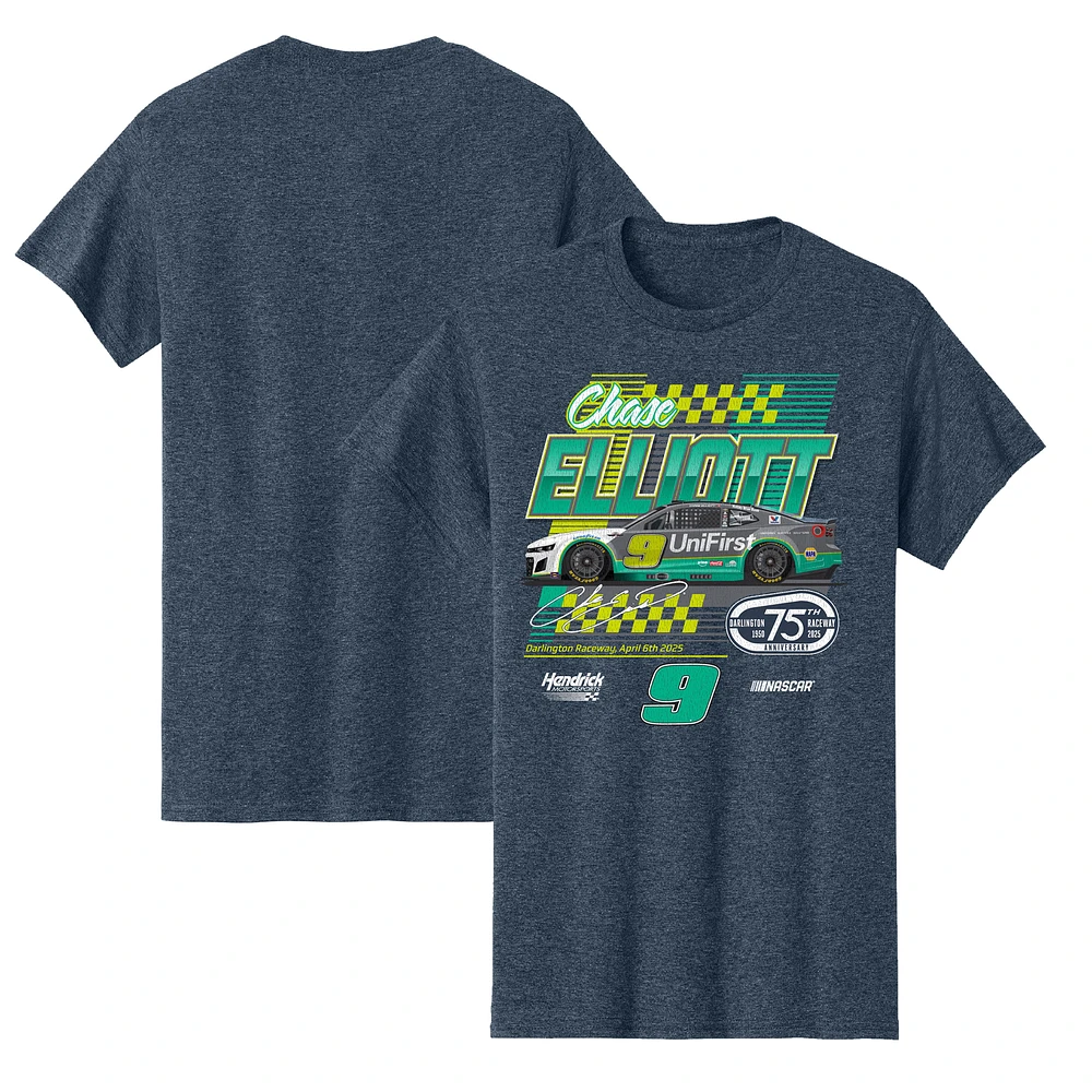 Men's Hendrick Motorsports Team Collection Heather Navy Chase Elliott UniFirst Darlington Throwback Car T-Shirt