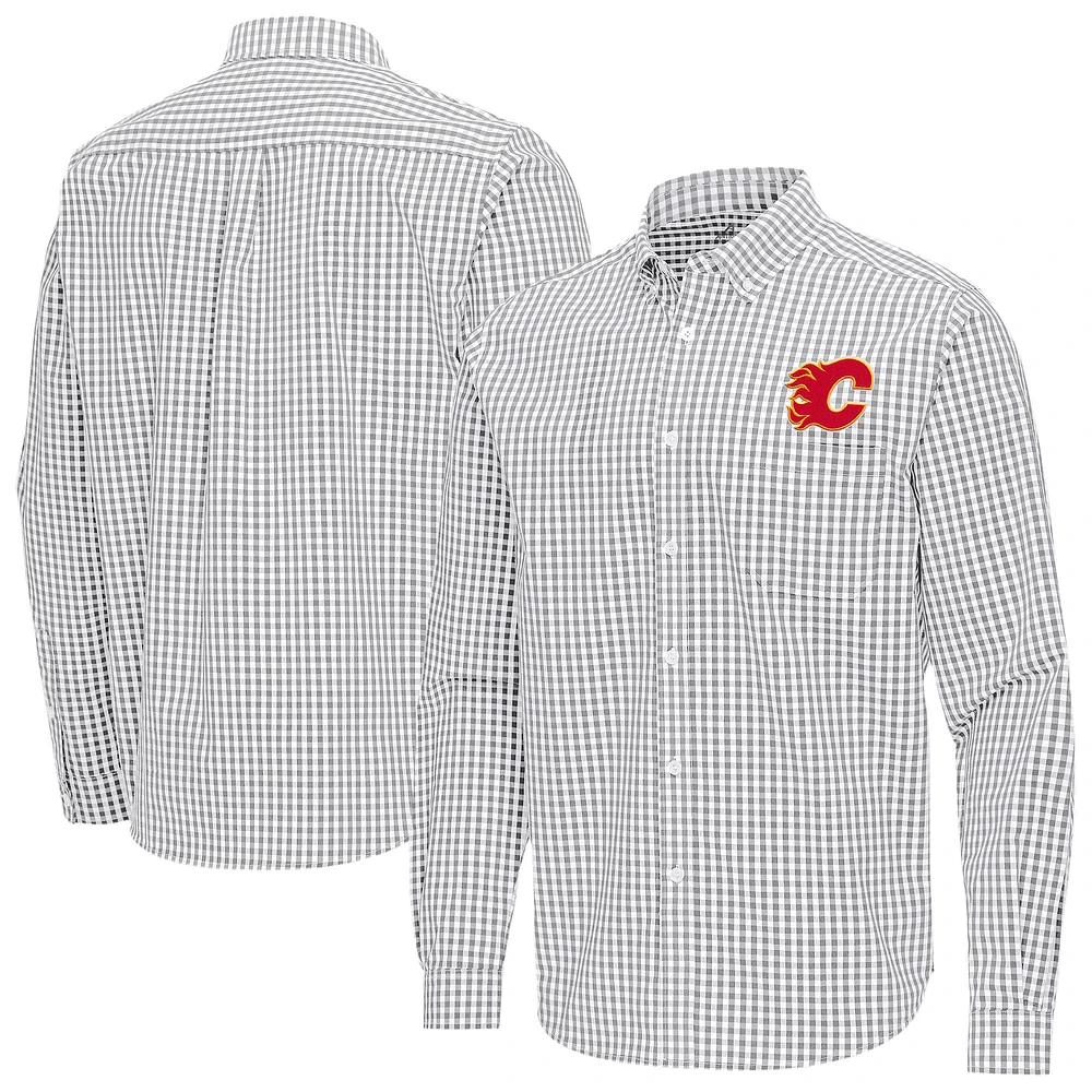 Men's Antigua Gray Calgary Flames Ellis Tri-Blend Long Sleeve Button-Down Shirt
