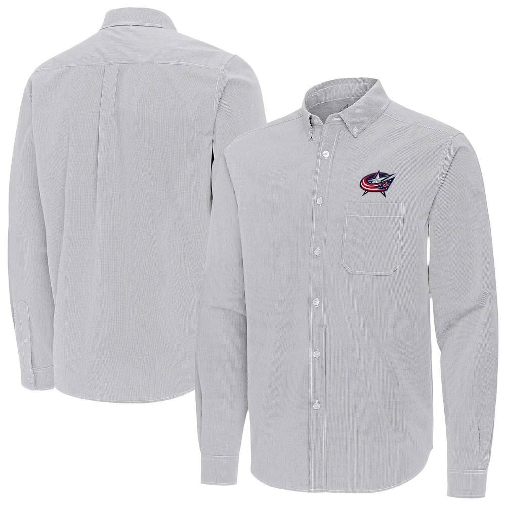 Men's Antigua Gray Columbus Blue Jackets Porter Woven Tri-Blend Long Sleeve Button-Down Shirt