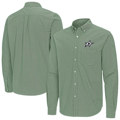 Men's Antigua Hunter Green Dallas Stars Porter Woven Tri-Blend Long Sleeve Button-Down Shirt