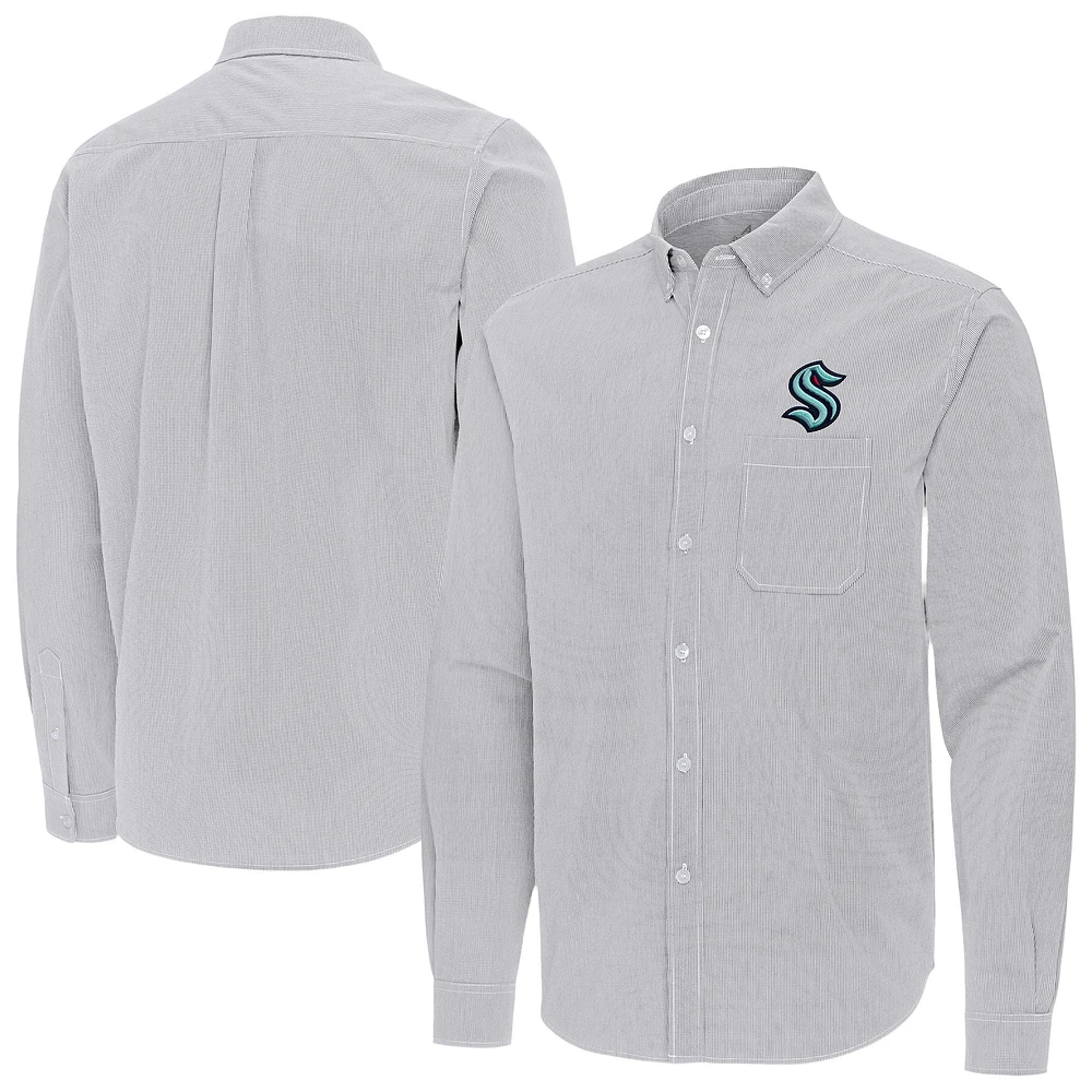 Men's Antigua Gray Seattle Kraken Porter Woven Tri-Blend Long Sleeve Button-Down Shirt