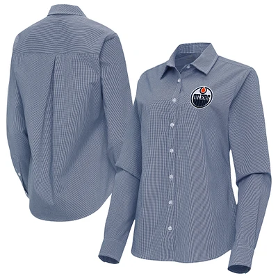 Women's Antigua Navy Edmonton Oilers Porter Woven Tri-Blend Long Sleeve Button-Up Shirt