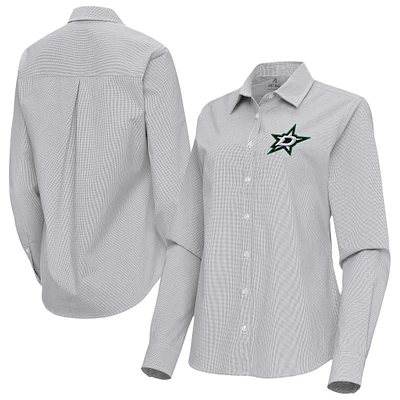 Women's Antigua Gray Dallas Stars Porter Woven Tri-Blend Long Sleeve Button-Up Shirt