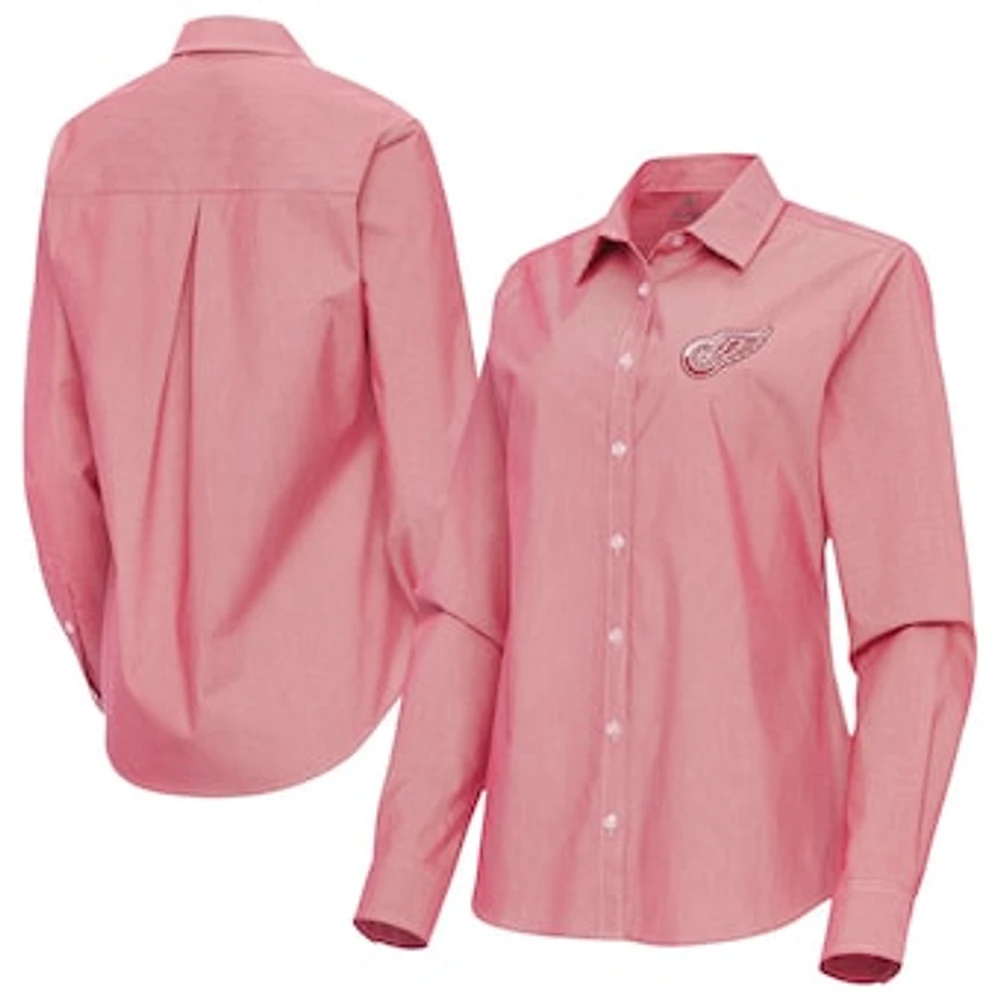 Women's Antigua Red Detroit Wings Porter Woven Tri-Blend Long Sleeve Button-Up Shirt