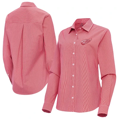 Women's Antigua Red Detroit Wings Porter Woven Tri-Blend Long Sleeve Button-Up Shirt