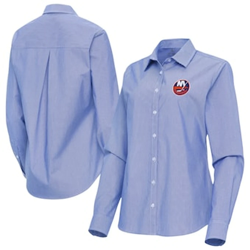 Women's Antigua Royal New York Islanders Porter Woven Tri-Blend Long Sleeve Button-Up Shirt