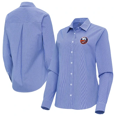Women's Antigua Royal New York Islanders Porter Woven Tri-Blend Long Sleeve Button-Up Shirt