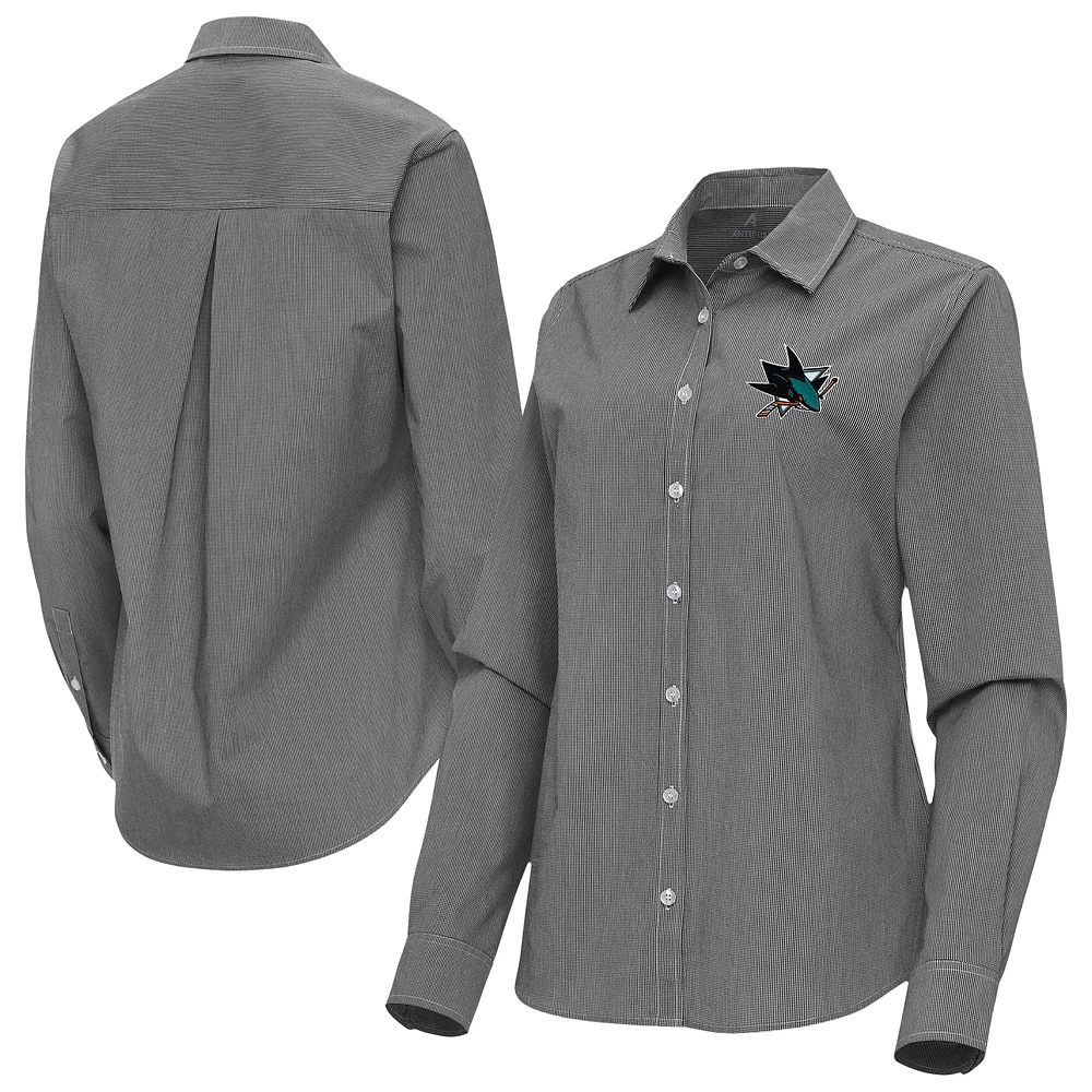 Women's Antigua San Jose Sharks Porter Woven Tri-Blend Long Sleeve Button-Up Shirt