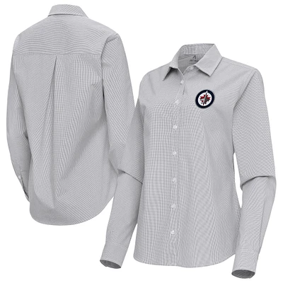 Women's Antigua Gray Winnipeg Jets Porter Woven Tri-Blend Long Sleeve Button-Up Shirt