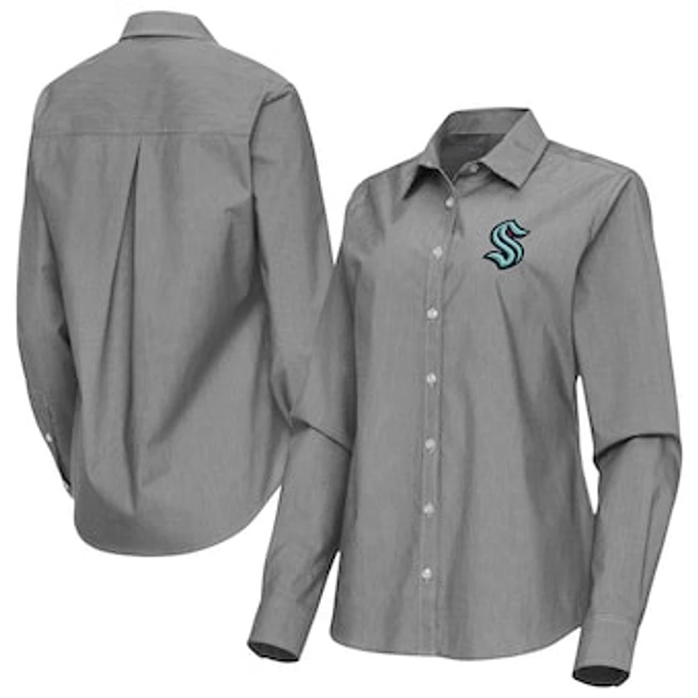 Women's Antigua Seattle Kraken Porter Woven Tri-Blend Long Sleeve Button-Up Shirt