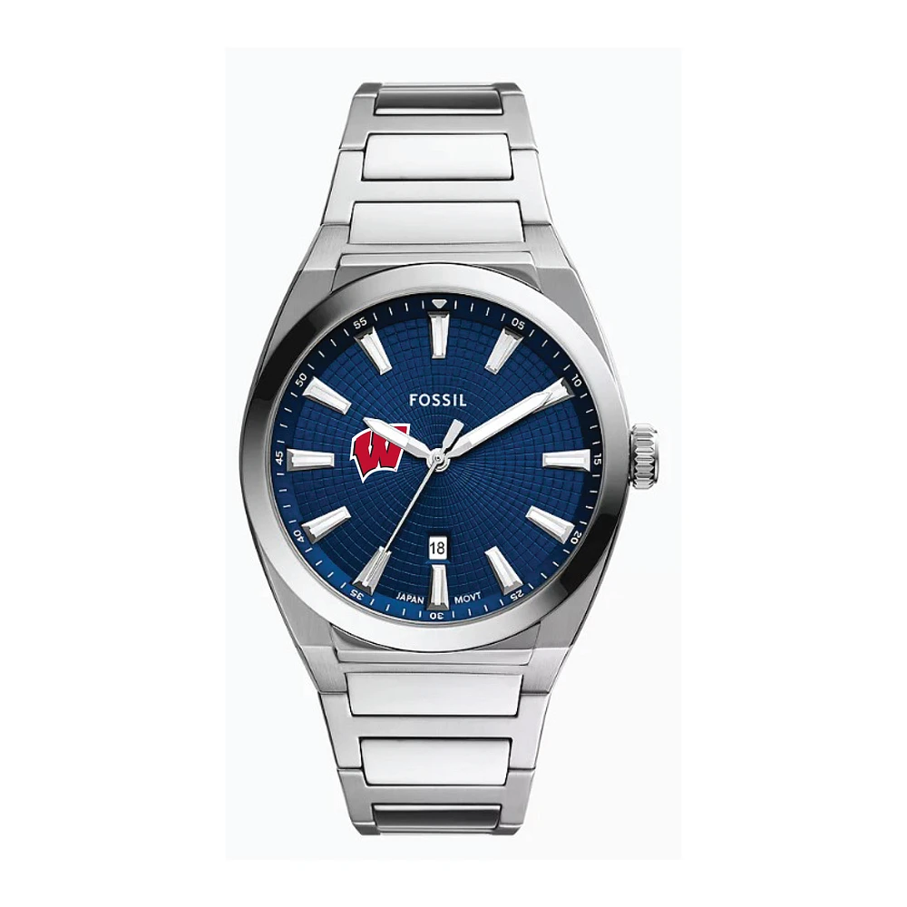 Fossil Wisconsin Badgers Everett Three-Hand Date Stainless Steel Watch