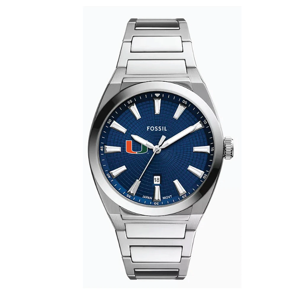 Fossil Miami Hurricanes Everett Three-Hand Date Stainless Steel Watch