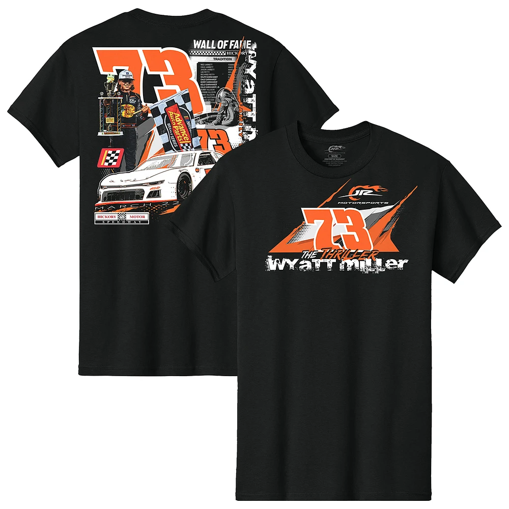 Men's JR Motorsports Official Team Apparel Black Wyatt Miller #73 2025 Hickory Motor Speedway Race Winner Thriller T-Shirt