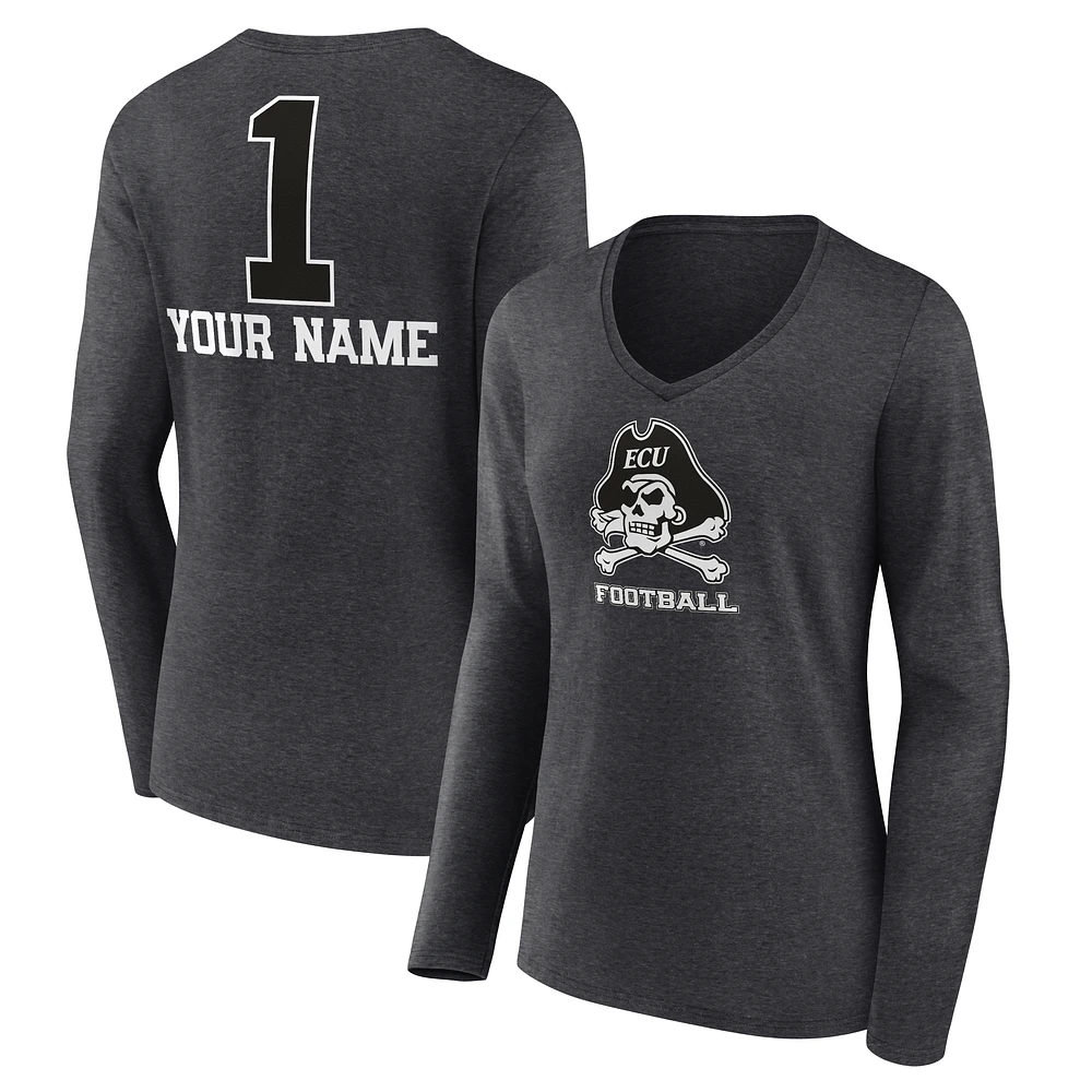 Women's Charcoal ECU Pirates Personalized Any Name Monochrome Long Sleeve V-Neck T-Shirt