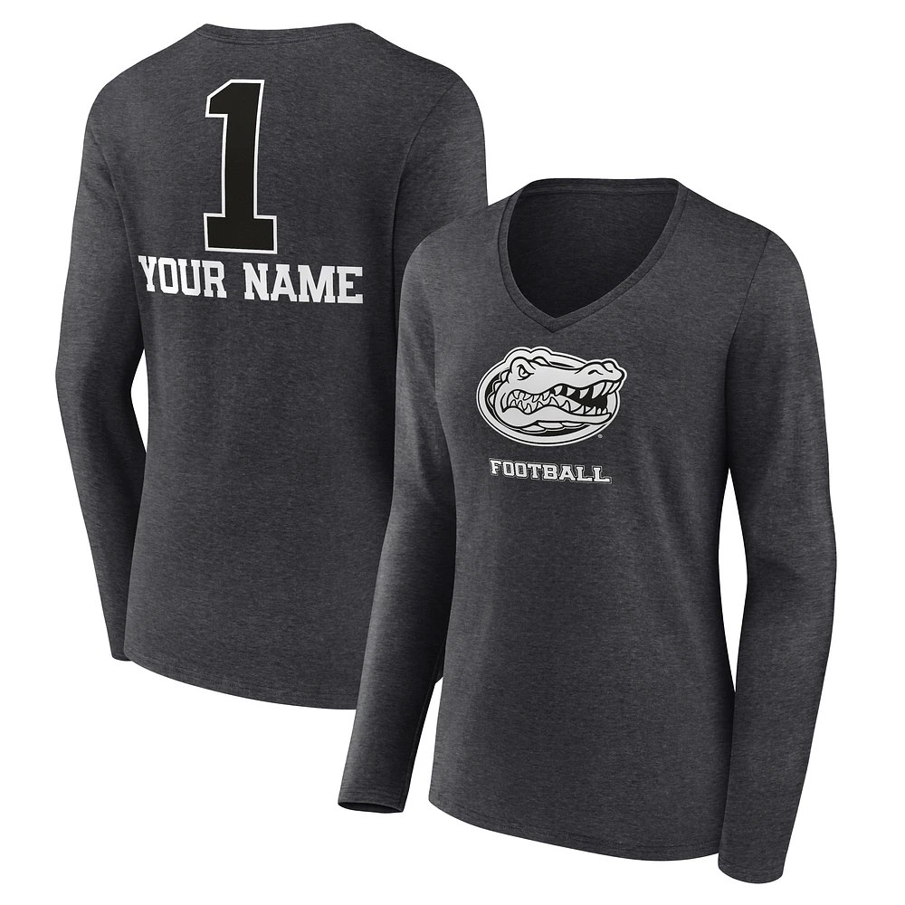 Women's Charcoal Florida Gators Personalized Any Name Monochrome Long Sleeve V-Neck T-Shirt