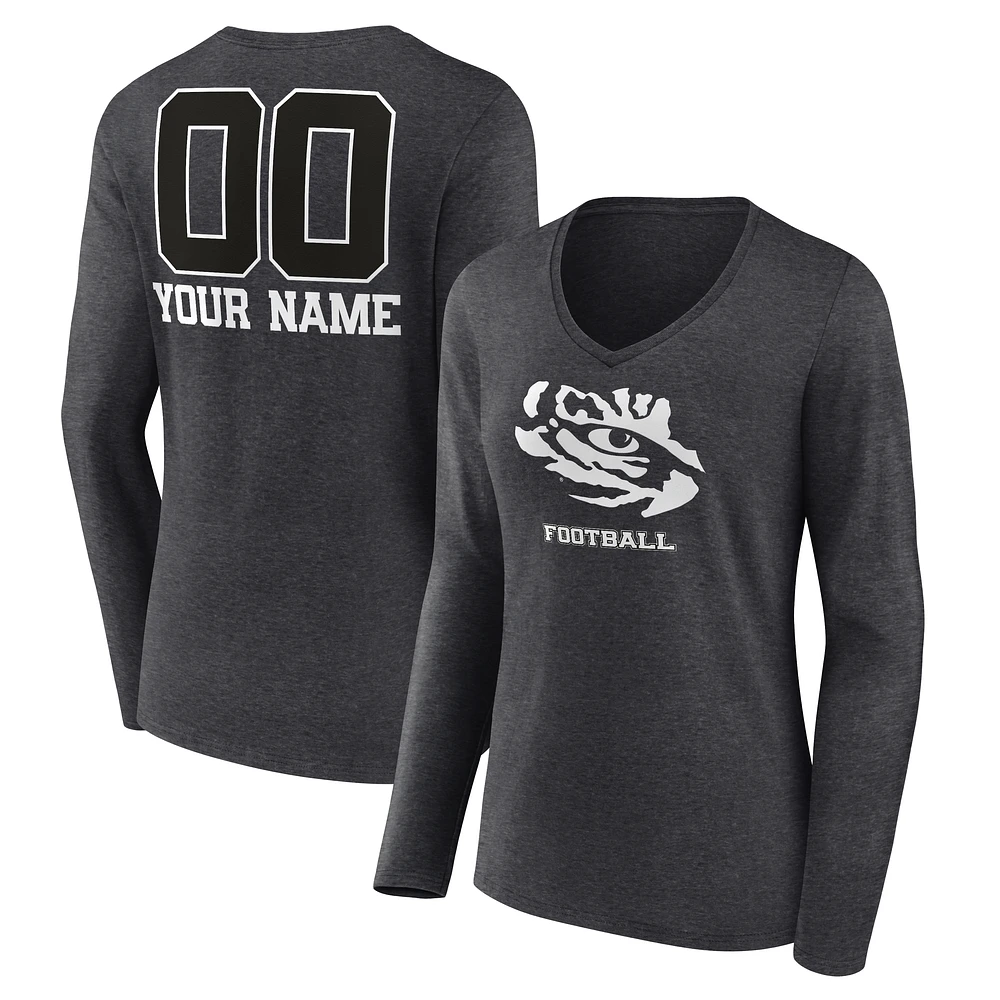 Women's Charcoal LSU Tigers Personalized Name & Number Monochrome Long Sleeve V-Neck T-Shirt