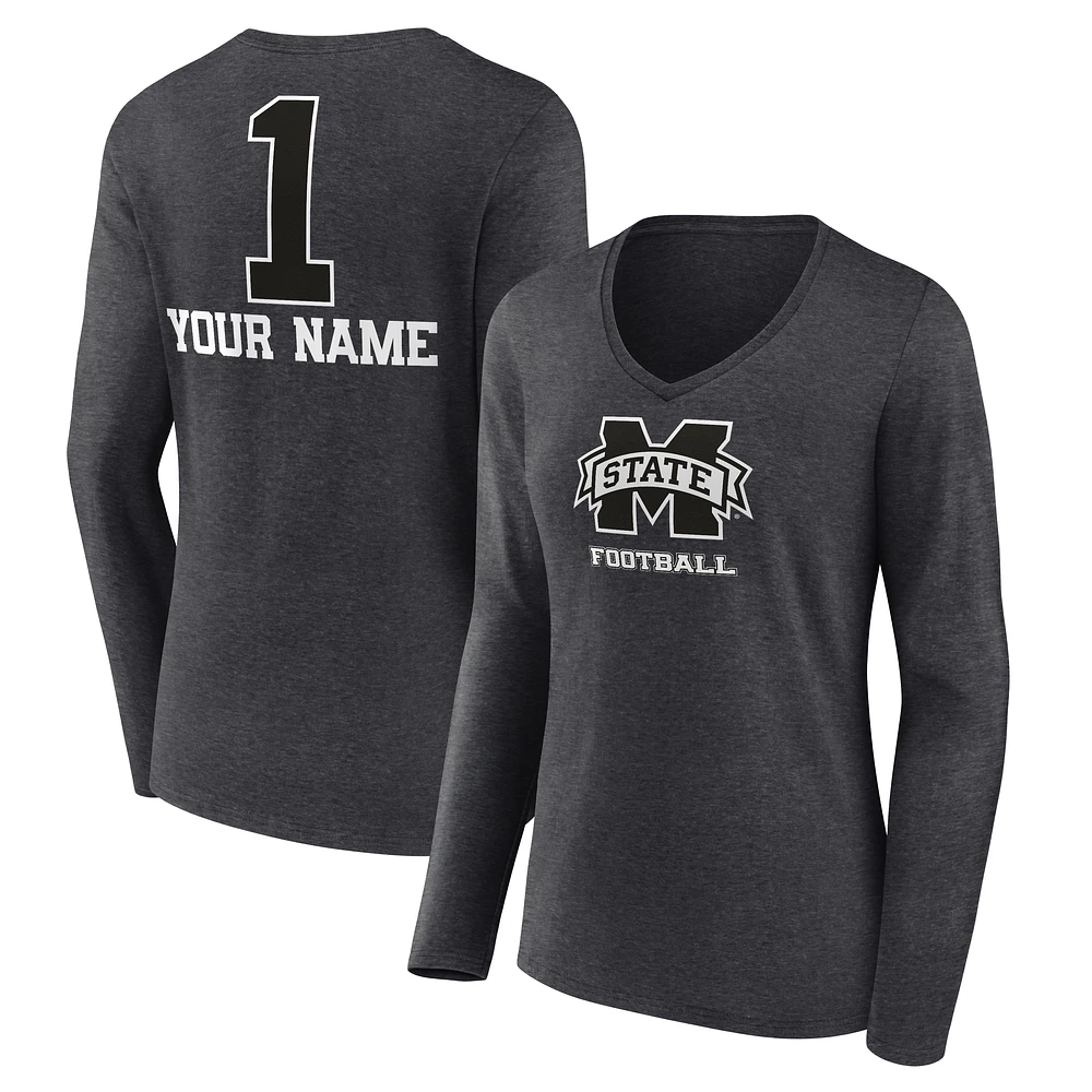 Women's Charcoal Mississippi State Bulldogs Personalized Any Name Monochrome Long Sleeve V-Neck T-Shirt