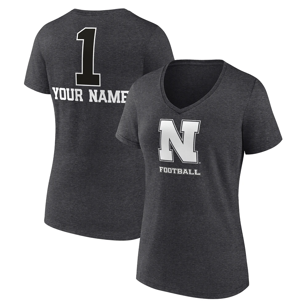 Women's Charcoal Nebraska Huskers Personalized Any Name Monochrome V-Neck T-Shirt