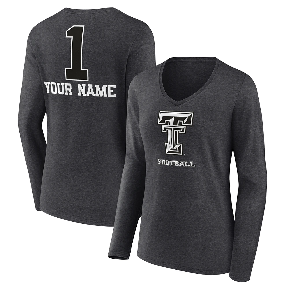 Women's Charcoal Texas Tech Red Raiders Personalized Any Name Monochrome Long Sleeve V-Neck T-Shirt