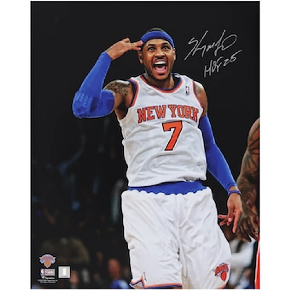 Carmelo Anthony New York Knicks Autographed 16" x 20" Tapping Head Celebration Photograph with "HOF 25" Inscription