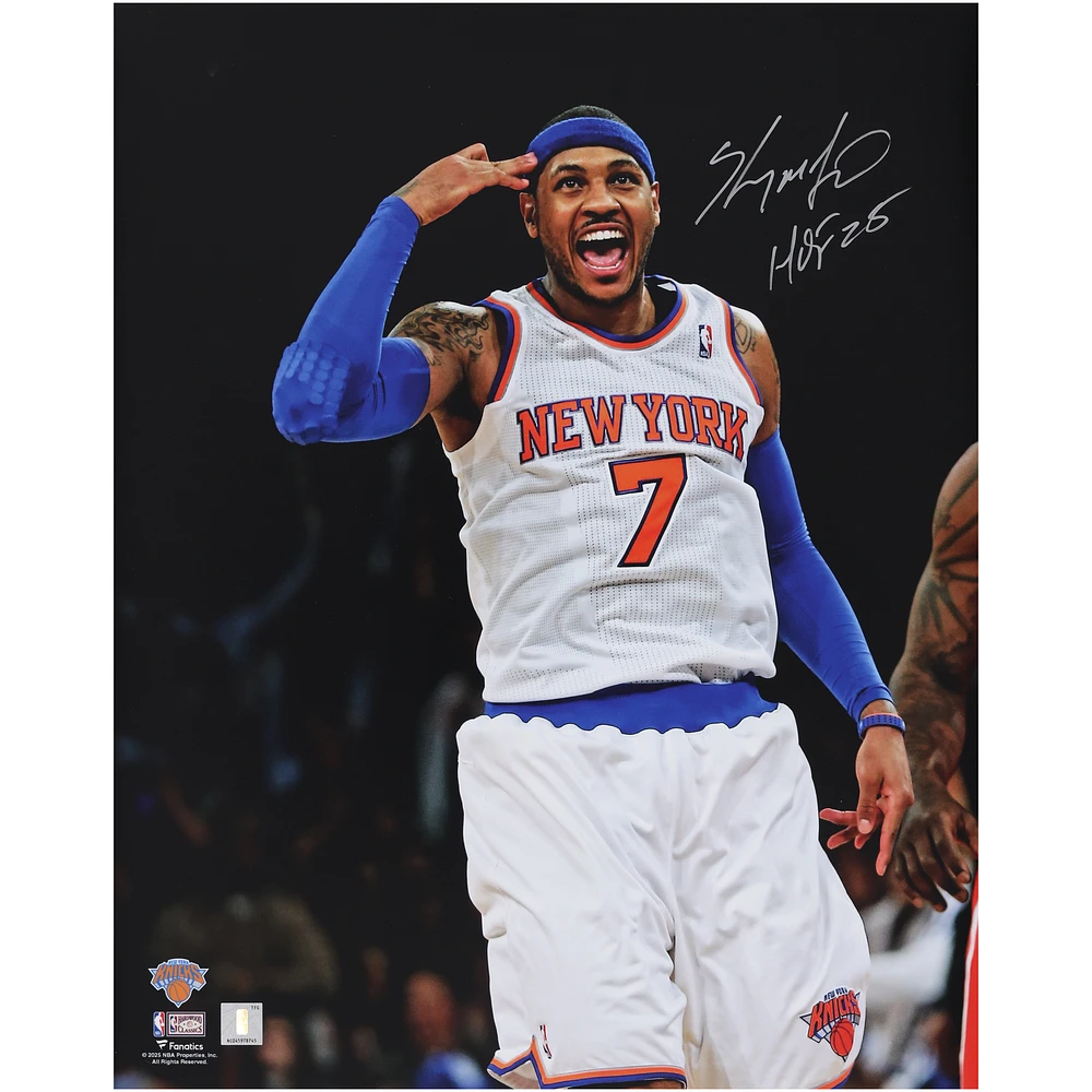 Carmelo Anthony New York Knicks Autographed 16" x 20" Tapping Head Celebration Photograph with "HOF 25" Inscription