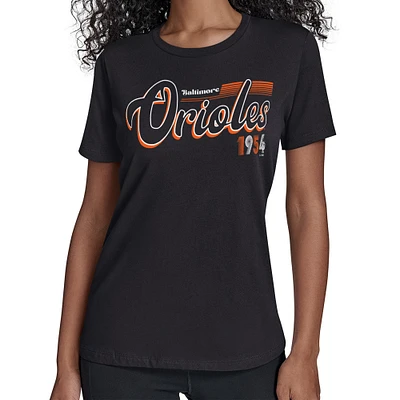 Women's Starter Black Baltimore Orioles Groovy Script Team Fitted T-Shirt