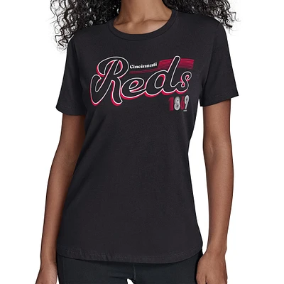 Women's Starter Black Cincinnati Reds Groovy Script Team Fitted T-Shirt