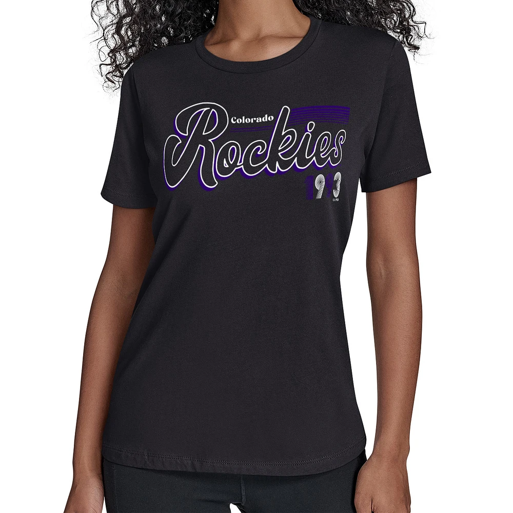 Women's Starter Black Colorado Rockies Groovy Script Team Fitted T-Shirt