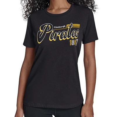 Women's Starter Black Pittsburgh Pirates Groovy Script Team Fitted T-Shirt