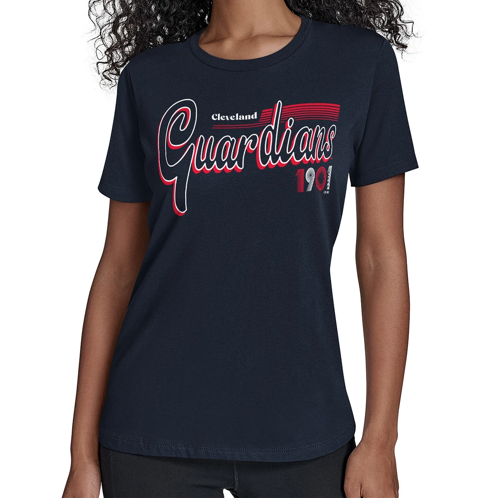 Women's Starter Navy Cleveland Guardians Groovy Script Team Fitted T-Shirt