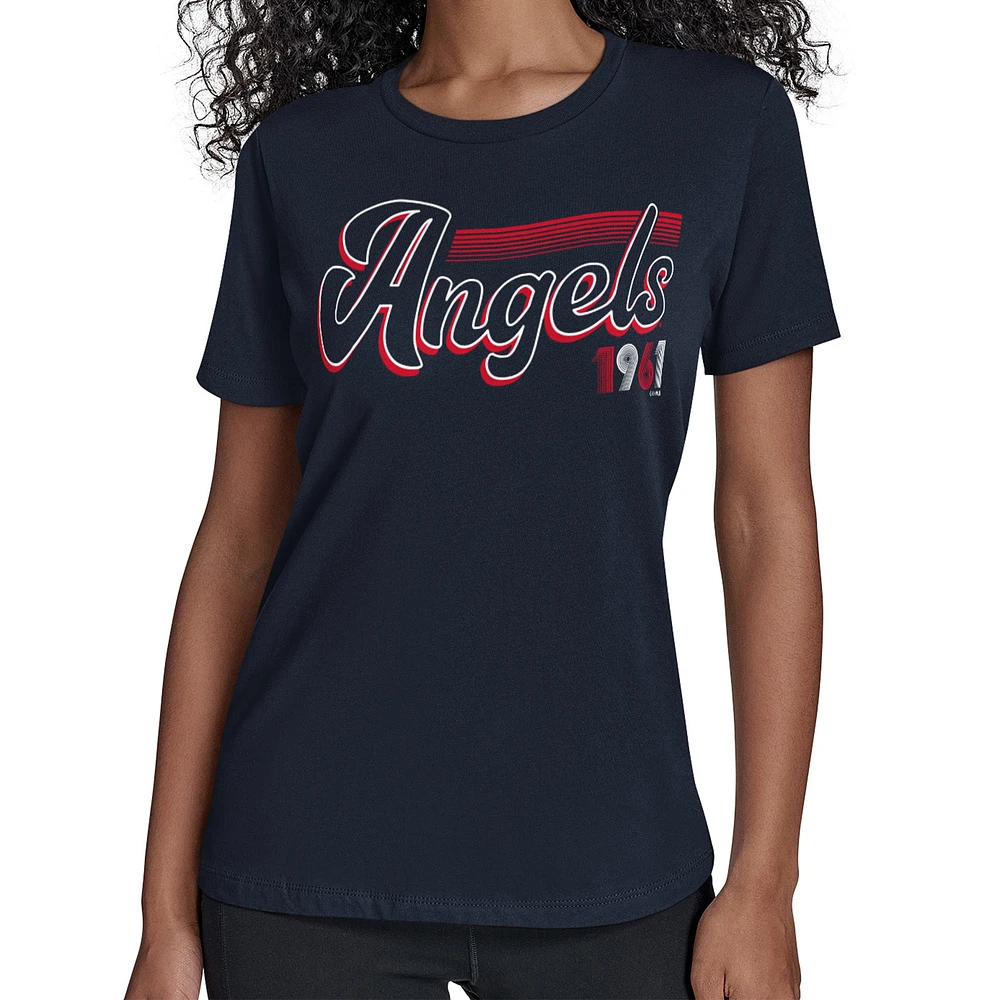 Women's Starter Navy Los Angeles Angels Groovy Script Team Fitted T-Shirt