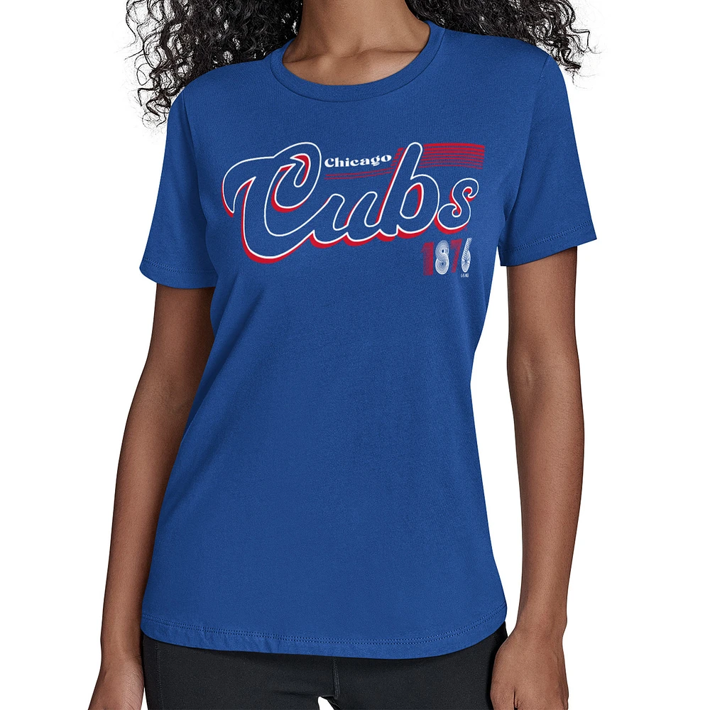 Women's Starter Royal Chicago Cubs Groovy Script Team Fitted T-Shirt