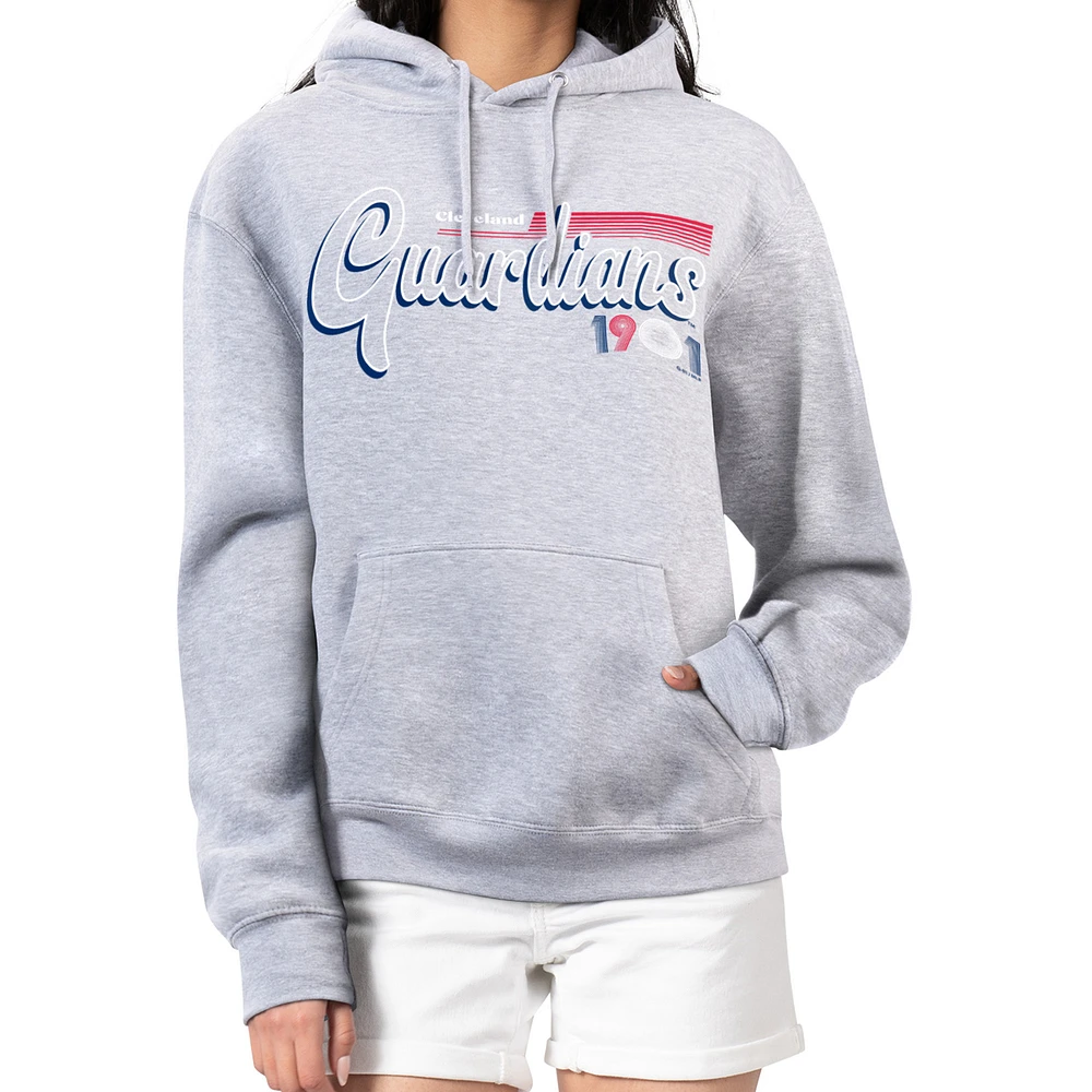 Women's Starter Gray Cleveland Guardians Groovy Script Team Fleece Pullover Hoodie