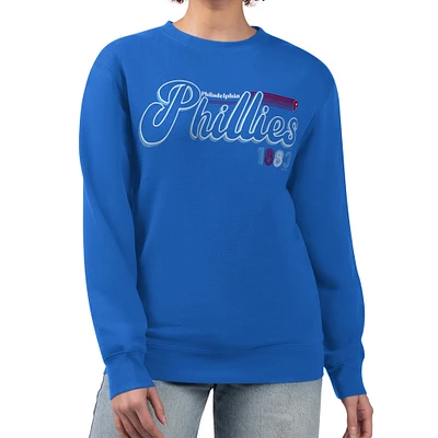 Women's Starter Royal Philadelphia Phillies Groovy Script Team Fleece Pullover Sweatshirt