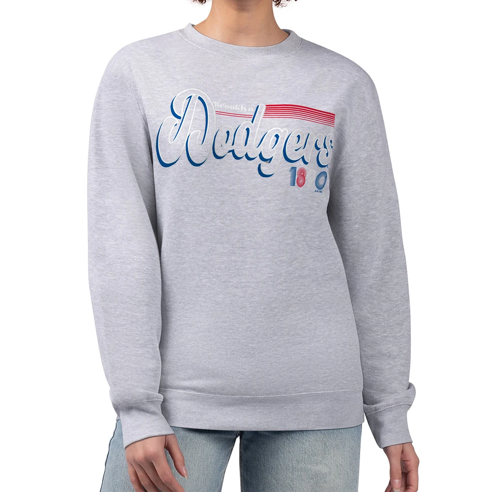 Women's Starter Gray Brooklyn Dodgers Cooperstown Collection Groovy Script Team Fleece Pullover Sweatshirt