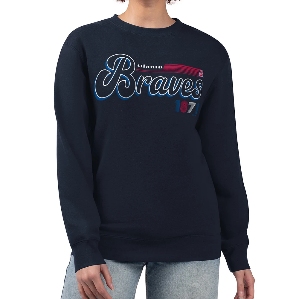 Women's Starter Navy Atlanta Braves Groovy Script Team Fleece Pullover Sweatshirt