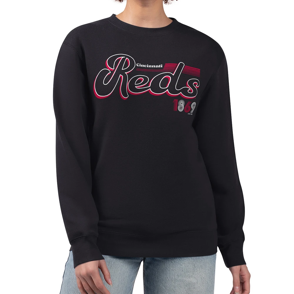 Women's Starter Black Cincinnati Reds Groovy Script Team Fleece Pullover Sweatshirt