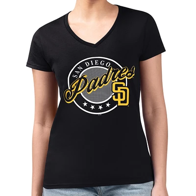 Women's G-III 4Her by Carl Banks Black San Diego Padres Super-Slim Fit Lightweight Pinstripe Circle V-Neck T-Shirt