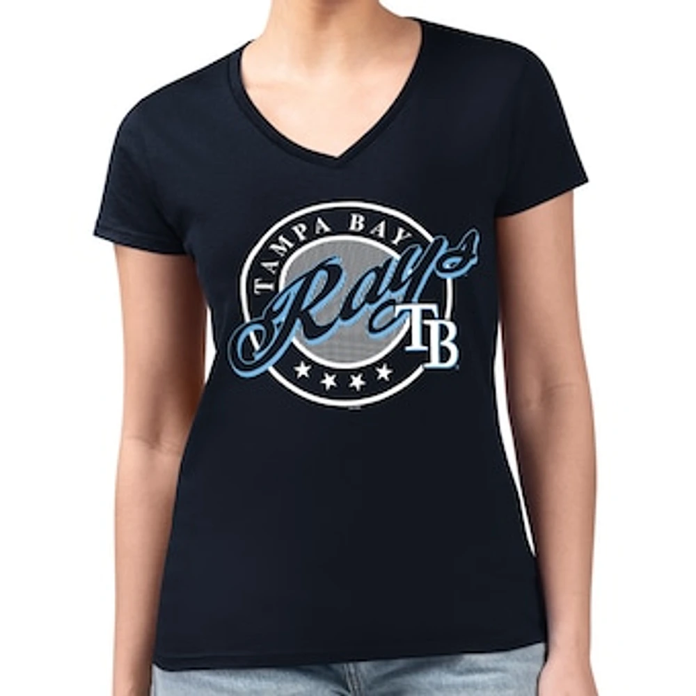 Women's G-III 4Her by Carl Banks Navy Tampa Bay Rays Super-Slim Fit Lightweight Pinstripe Circle V-Neck T-Shirt
